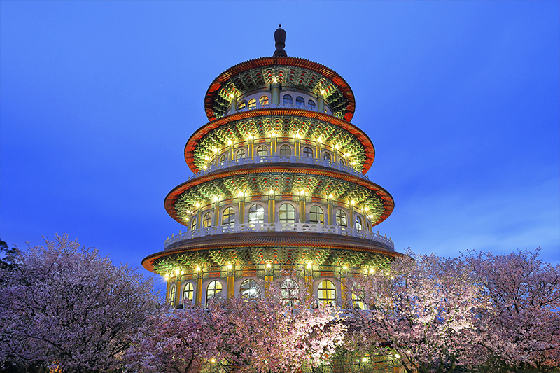 Wuji Tianyuan Temple in New Taipei City, surrounded by cherry blossoms